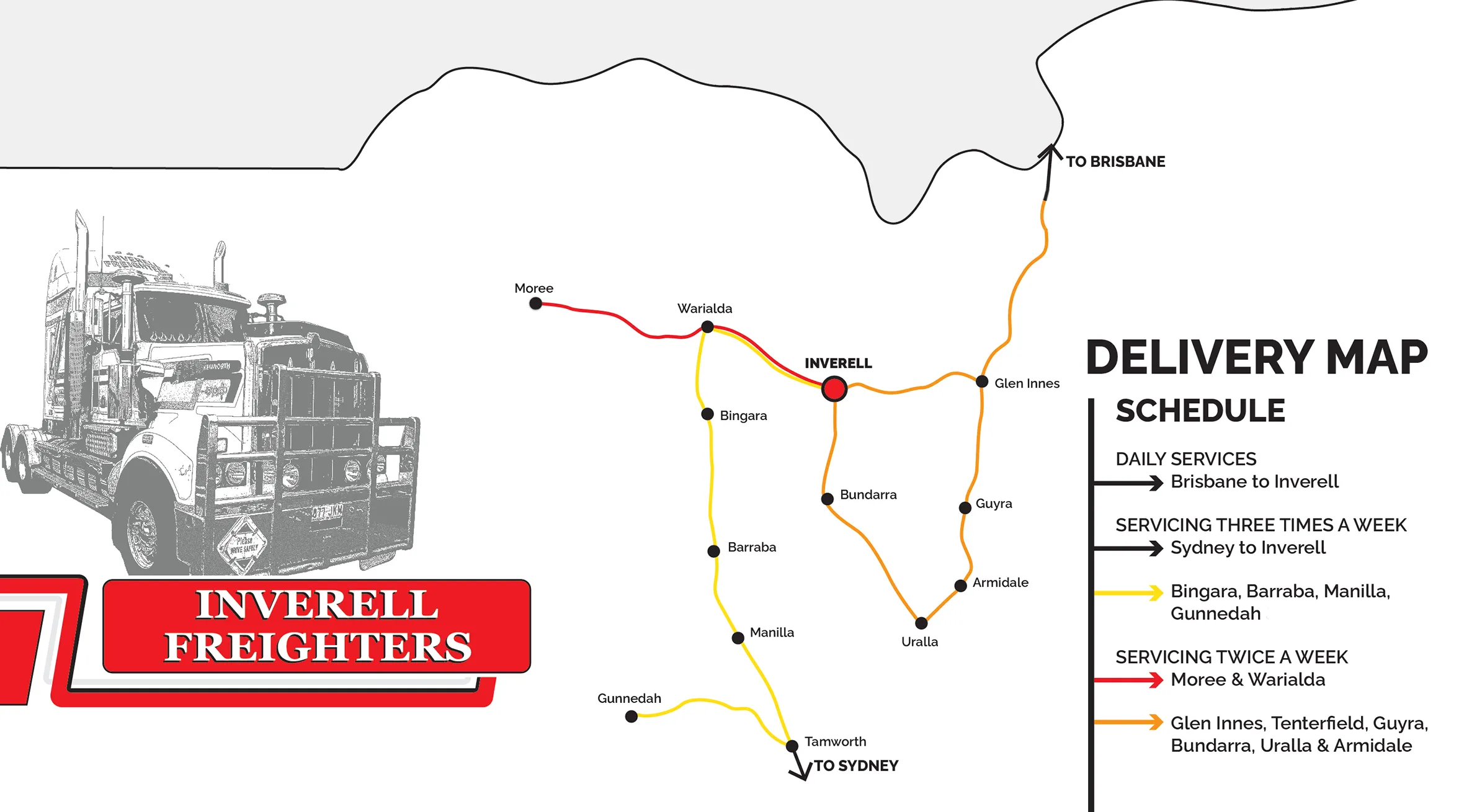 Inverell Freighters’ freight delivery schedule map graphic